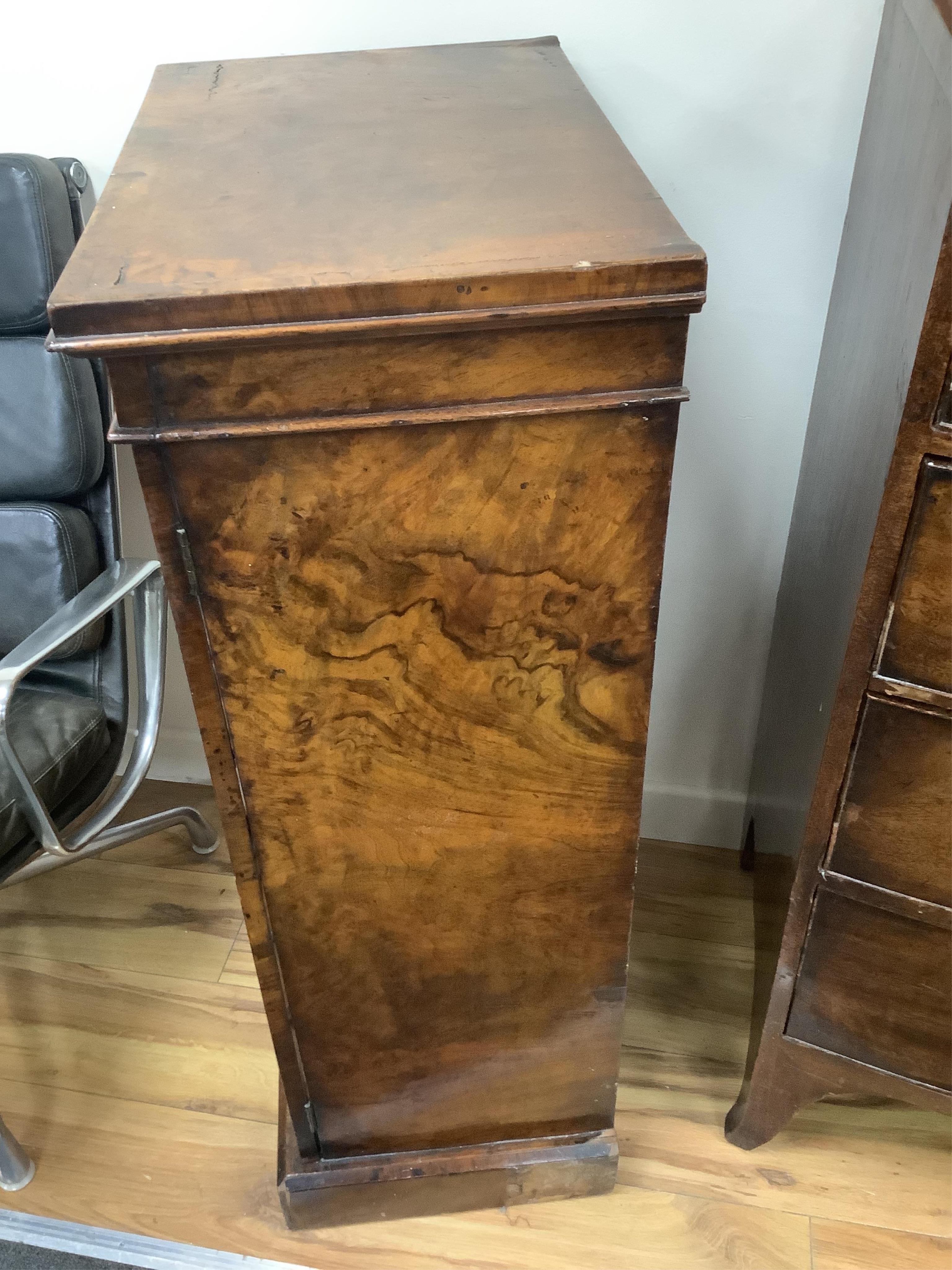 A Victorian figured walnut Wellington chest, width 49cm, depth 33cm, height 98cm. Condition - poor to fair